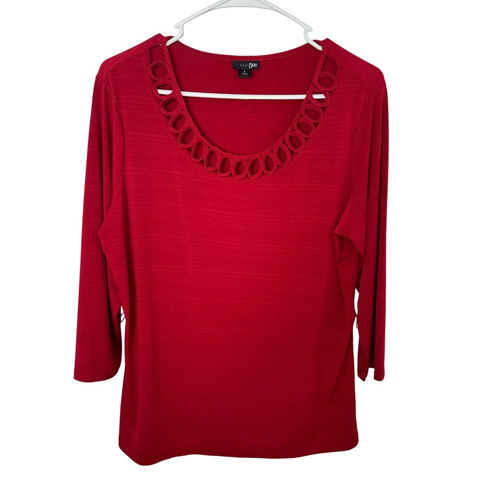 East 5th Womens Red 3/4 Sleeve Scoop Neck Ring Cutout Knit Top Blouse Size L